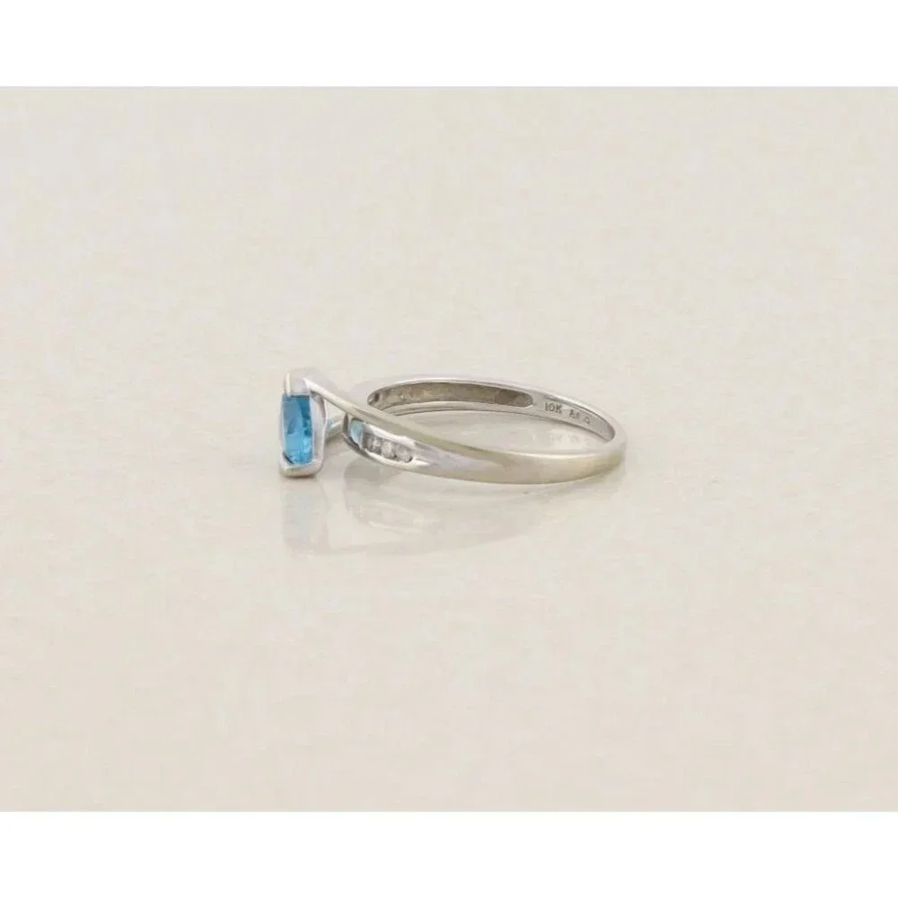 10k White Gold Natural Blue Topaz & Diamond Ring Size 7 1/4 - Picture 7 of 9